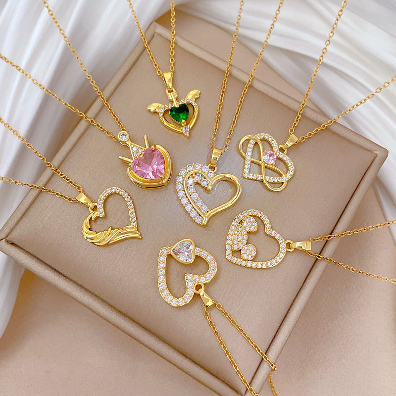 Copper Micro-Inlaid Heart Fashion Gorgeous Full Diamond Necklace Women'S Versatile Clavicle Chain Titanium Steel