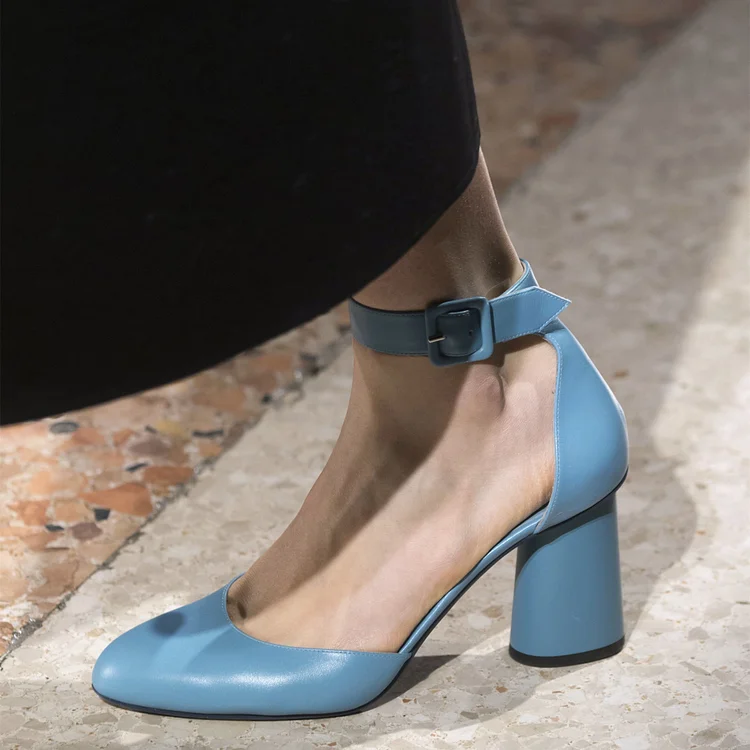 Light Blue Almond Toe Ankle Strap Heels Buckle Chunky Heel Pumps |FSJ Shoes