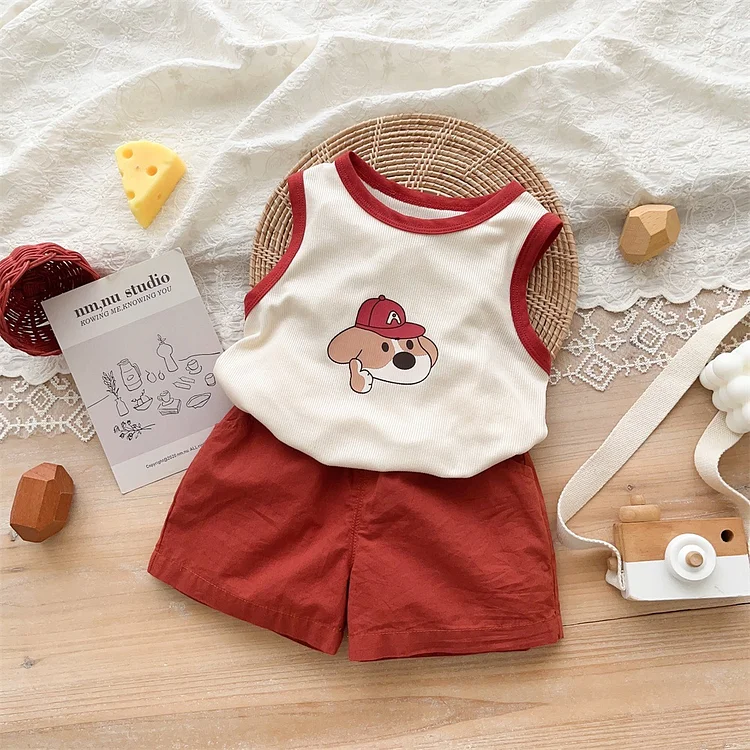 Baby Toddler Girl Summer Block Color Cute Dog Print Ribbed Sleeveless Tank Top & Simple Solid Shorts Set