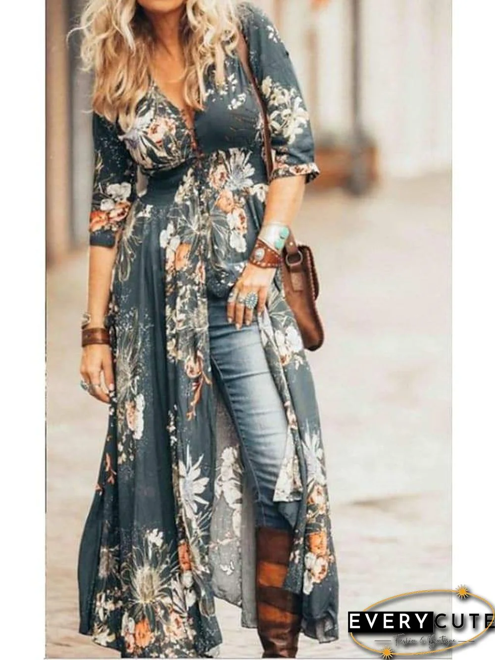 Women's Swing Dress Maxi Long Dress Blue Green Half Sleeve Floral Ruffle Print Summer V Neck Hot Casual Boho S M L XL XXL 3XL 4XL