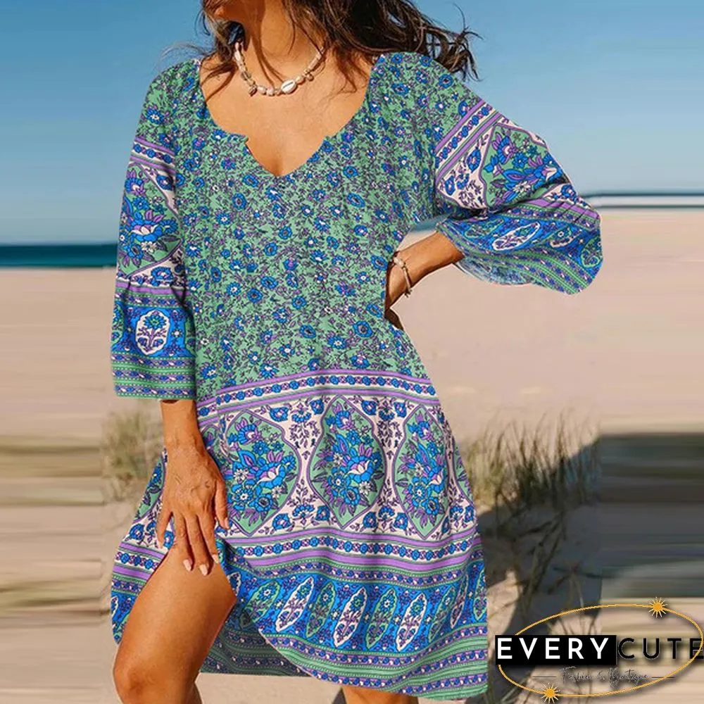 Fashion Women Retro Oversized V-Neck Casual Sundress Floral Printed Baggy Holiday Mini Shirt Dress