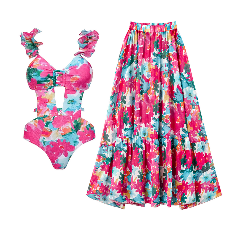 Cutout Ruffled Strap Floral Print One Piece Swimsuit and Skirt Flaxmaker