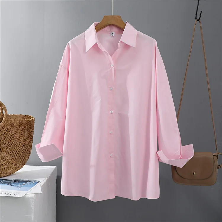 Women Blouses Office Lady Cotton Oversize Plus Size Tops Pink White Blue Long Sleeve 2021 Spring Korean Fashion Shirts