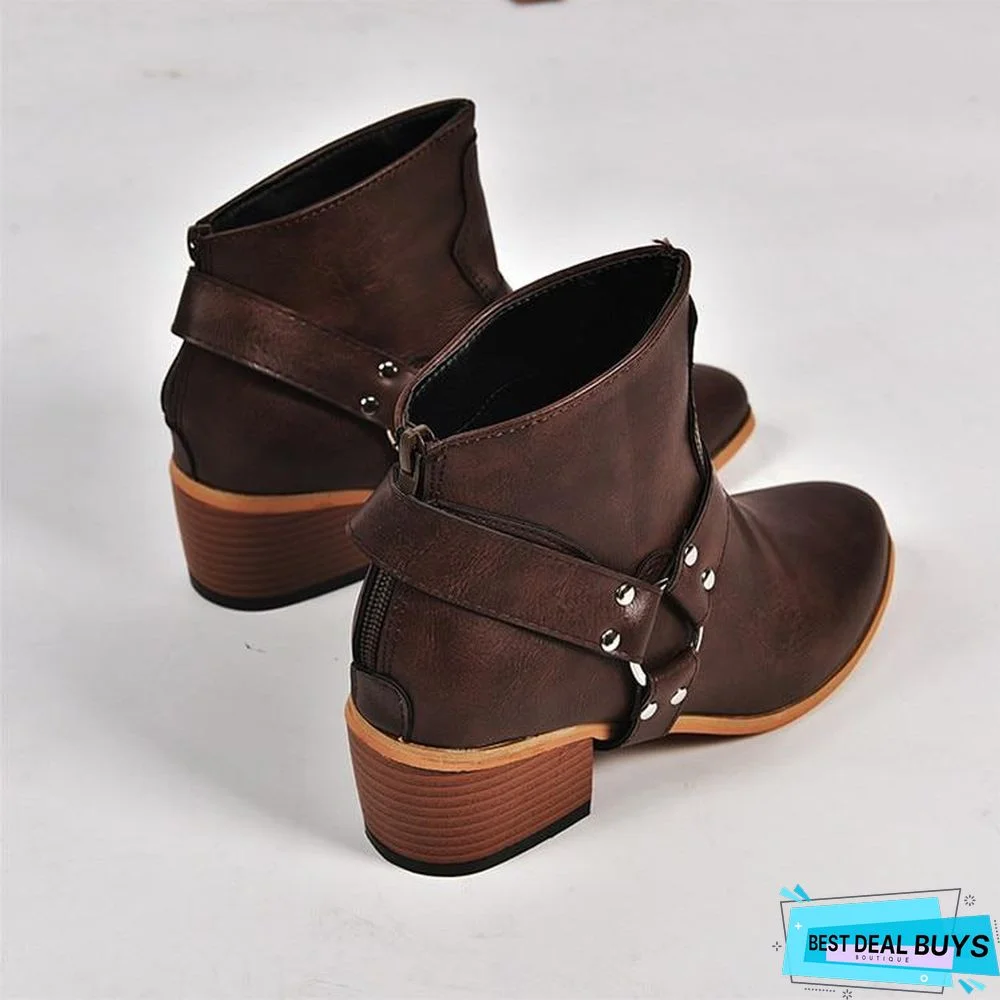 Women Boots Vintage Leather High Heels Shoes Bota Woman Autumn Short Boot Winter Buckle Daily Ankle Boots