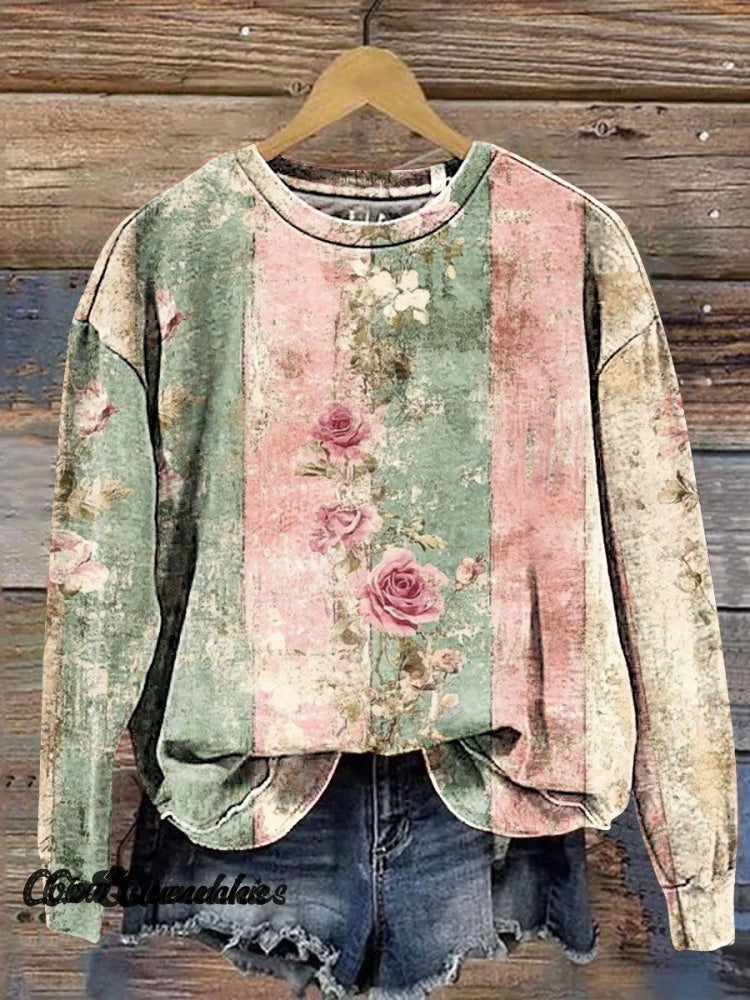 Colorblock Floral Art Print Casual Sweatshirt / S