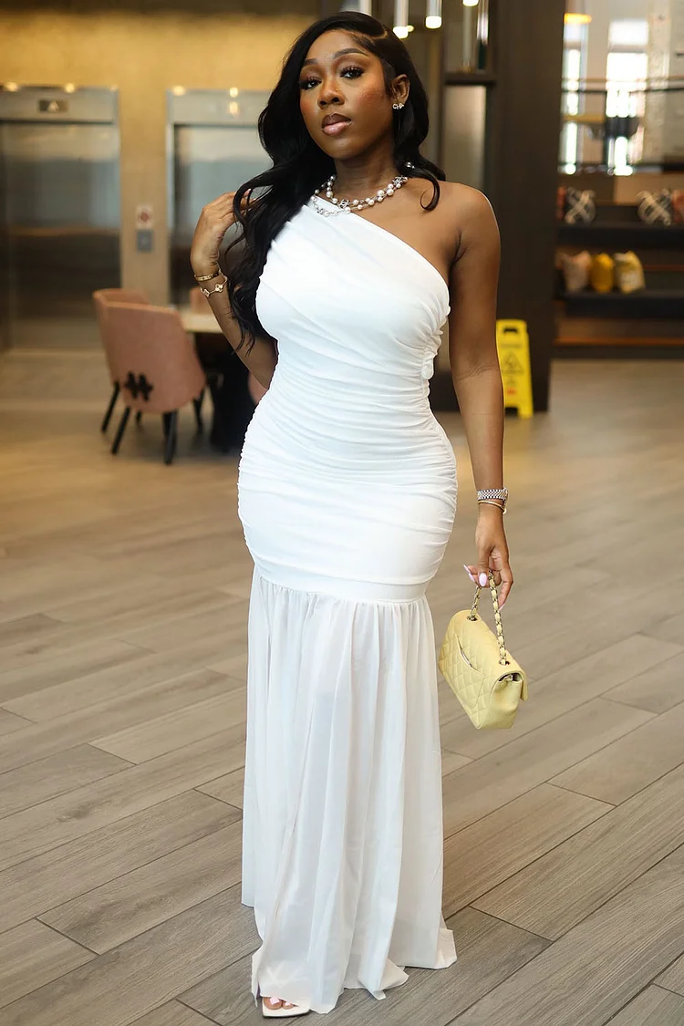 Wrinkle One Shoulder Sleeveless Party Maxi Fishtail Dresses-White