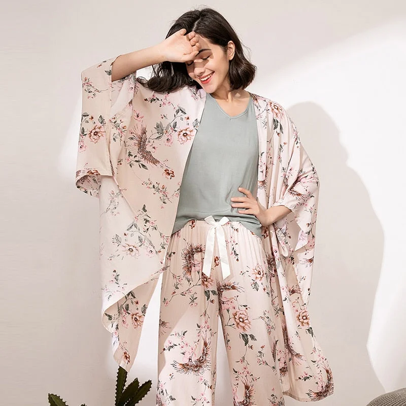 Woman Pajamas Sets For Woman Floral Printing Pyjamas Set Female Night Wear Viscose Sleep Suits 4 Pieces BANNIROU