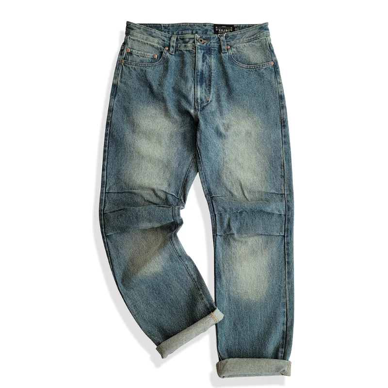 Retro Casual Washed Three-dimensional Cut Straight Jeans