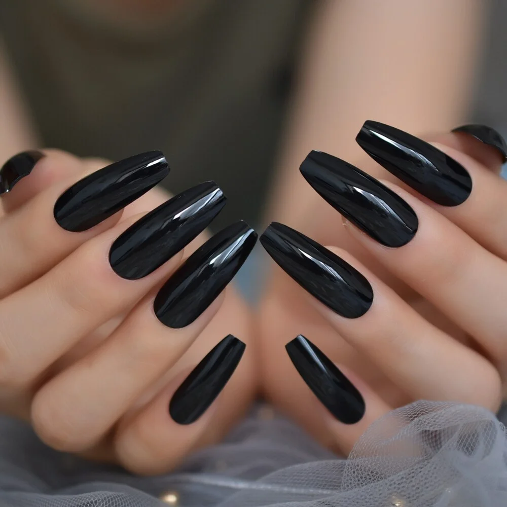 Classic Extra Long Coffin Nails Pure Black Elegant Shiny Ballet Fake Nails Artificial Acrylic Press On Nails Supplying Gelx Nail-Nail Inspo