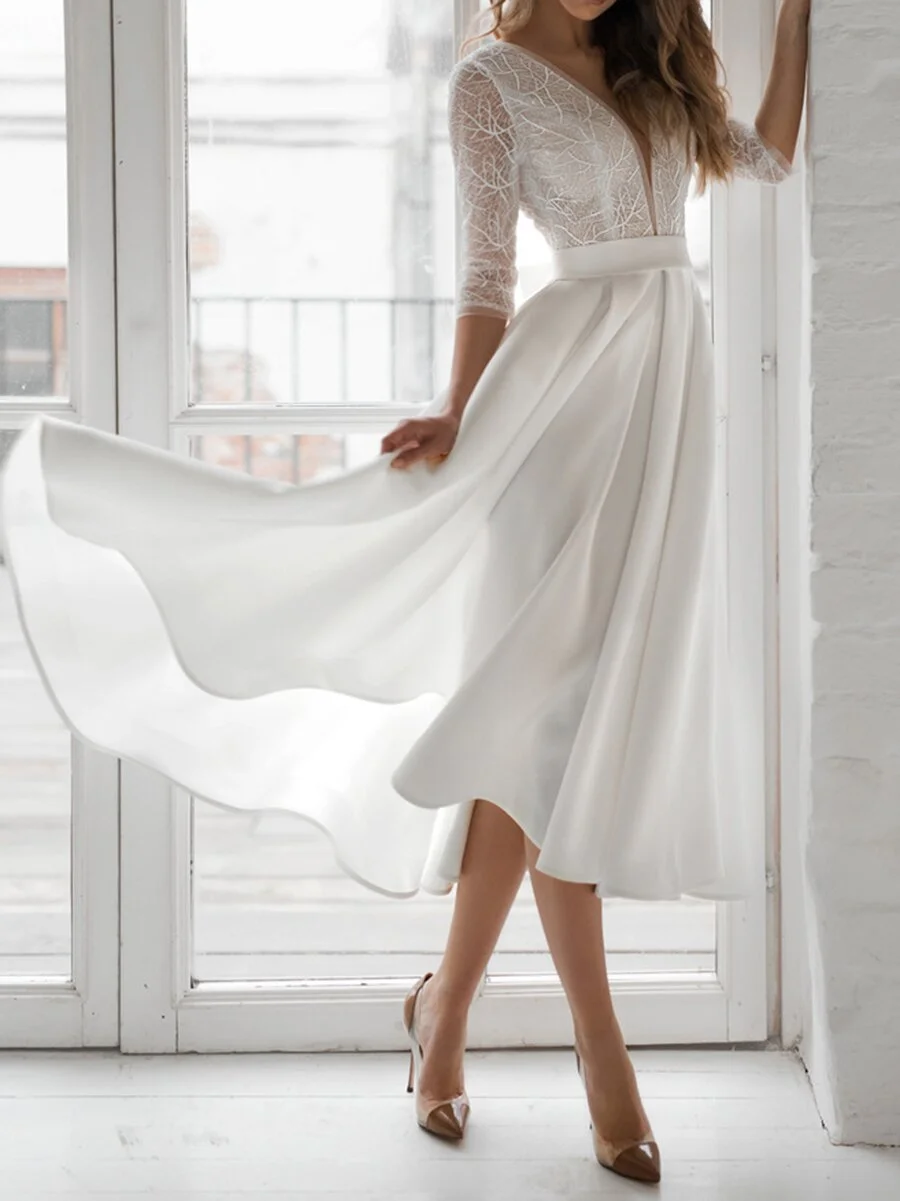 Elegant v-neck backless white wedding dress-zachics