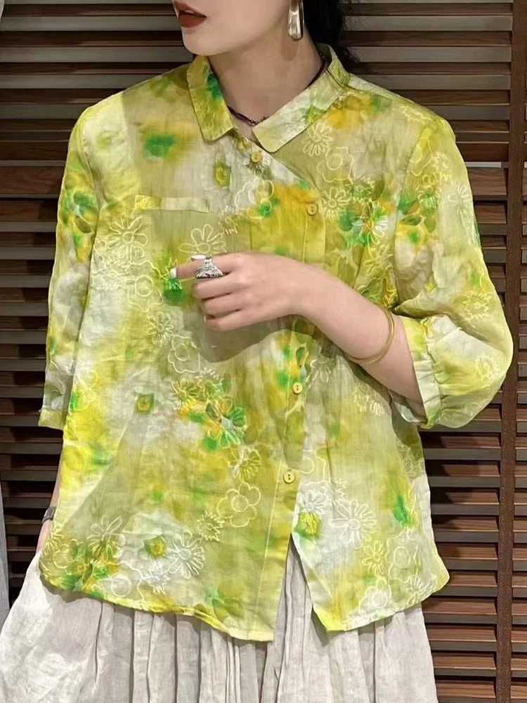 Women Summer Vintage Flower Slant Button-up Ramie Shirt