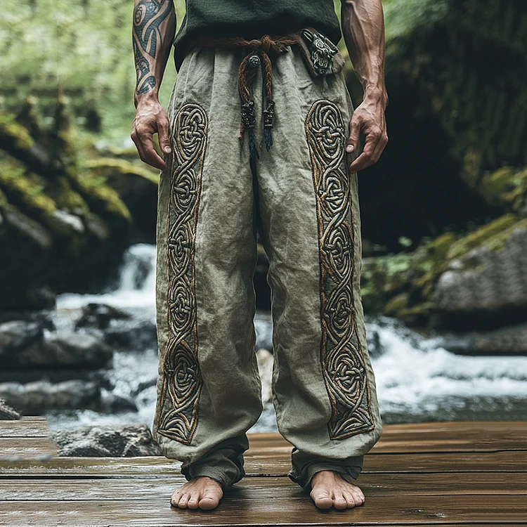 Men's Viking Celtic Knot Linen Blend Wide Leg Pants