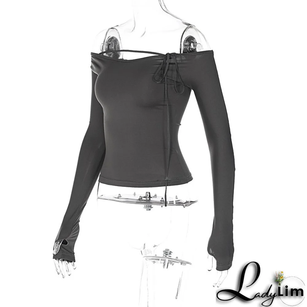 Spring Ladies Off Shoulder Fashion Street Slim Fit Basic Shirt T-Shirt Tops