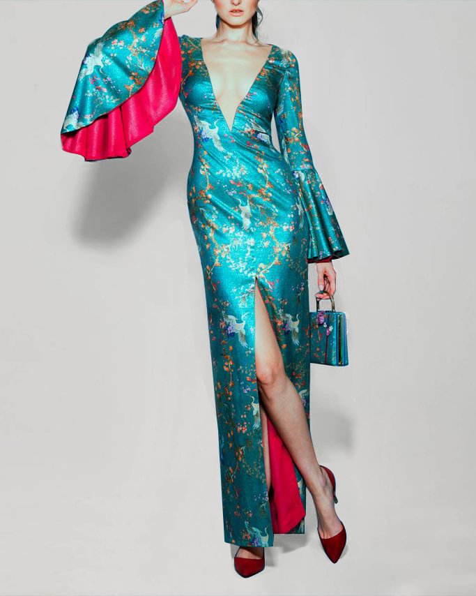 Maxi Dress V Neck Slit Print Dress