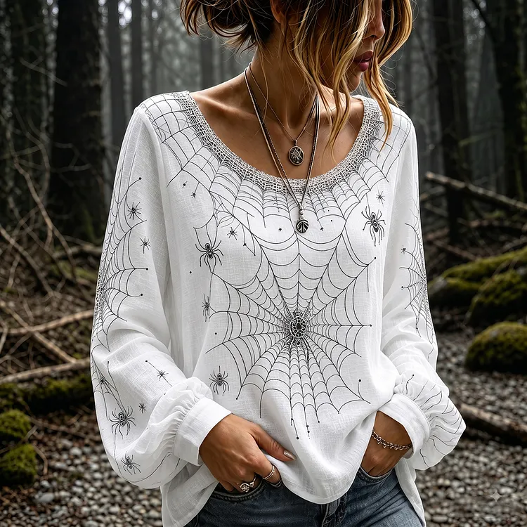 Women's Vintage Halloween Spider And Web Embroidery Art Crew Neck Long Sleeve T-shirt