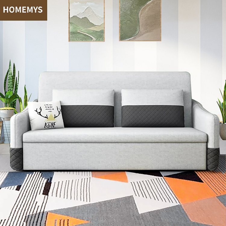 Homemys Modern Full Sleeper Sofa Linen Upholstered Convertible Sofa with Storage