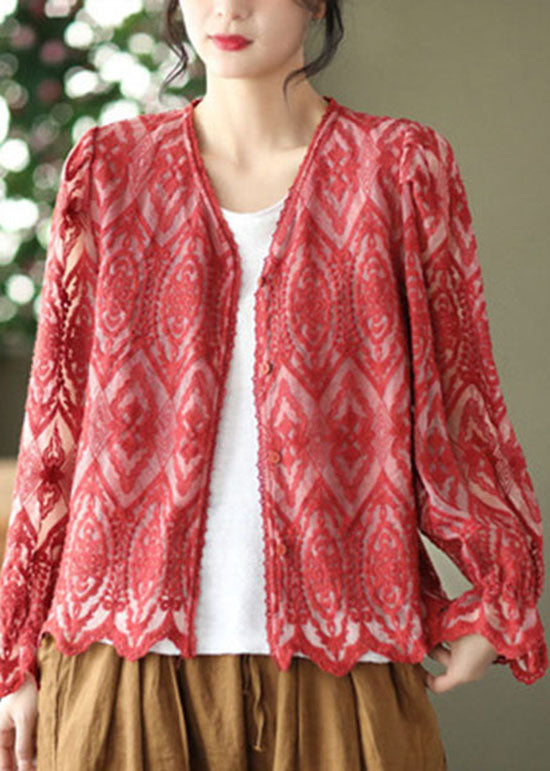 VCSHOES Red V Neck Patchwork Lace Cardigans Spring