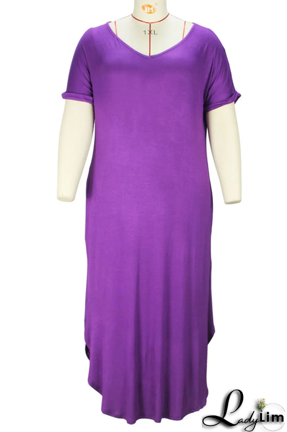 Blue Casual Solid Patchwork Slit V Neck T-shirt Dress Plus Size Dresses