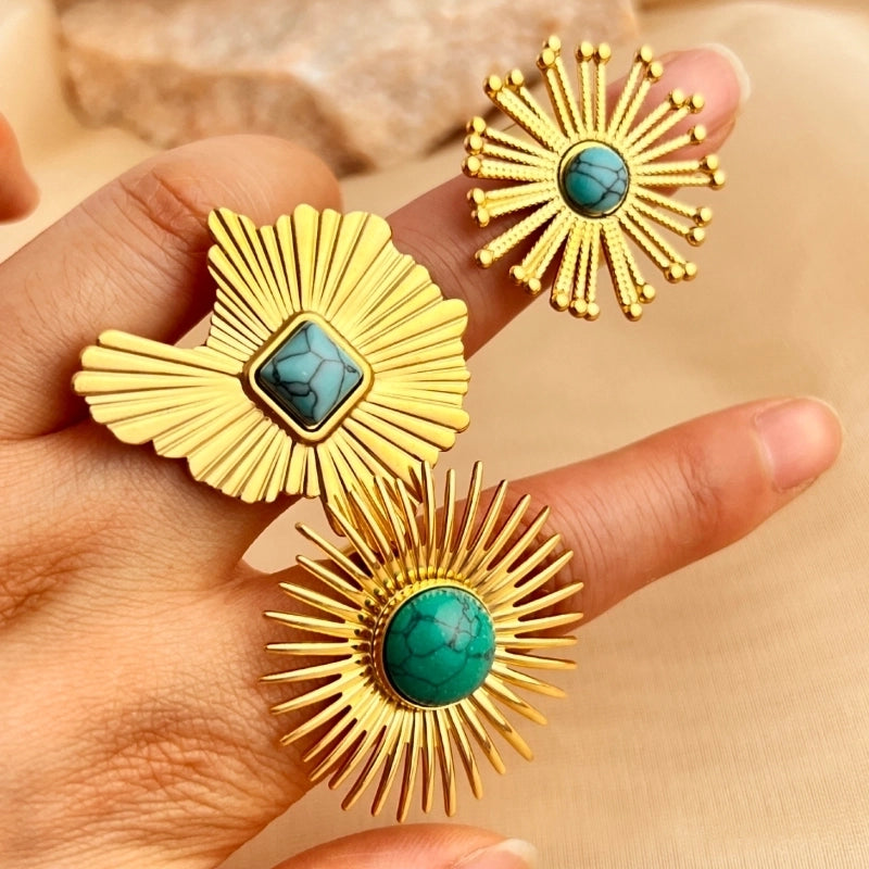 Casual Retro Minimalist Sun 304 Stainless Steel Turquoise 18K Gold Plated Inlay Open Rings