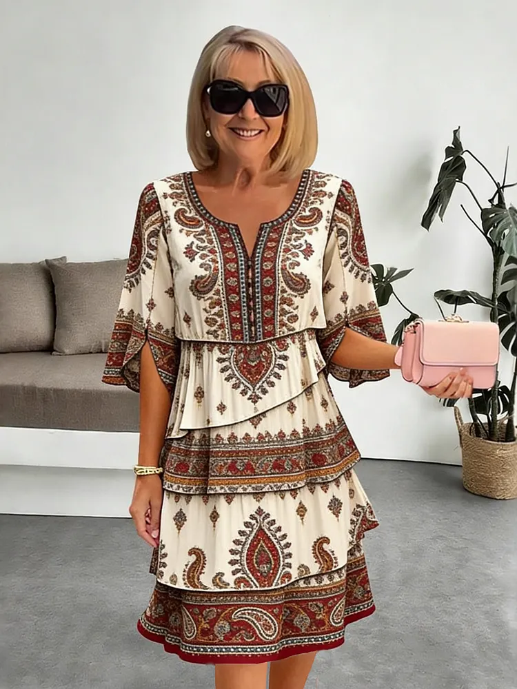 Chiffon Vacation Prints Color Round Neck Cake Skirt Splicing Dress Mid-length