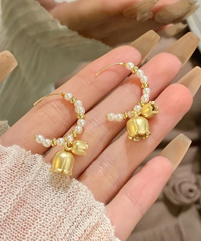 Stylish Gold Sterling Silver Alloy Pearl Small Bell Hoop Earring