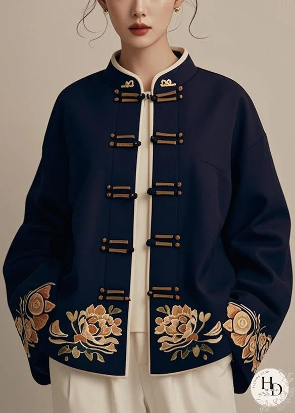 New Navy Chinese Button Print Cotton Coat Fall