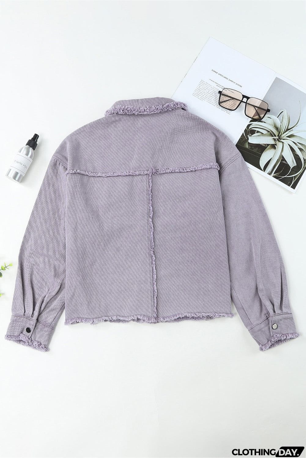 Distressed Flap Pockets Frayed Hemline Denim Jacket