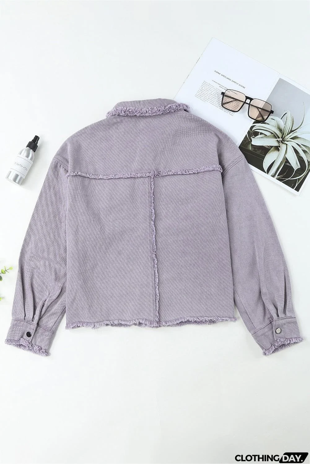 Distressed Flap Pockets Frayed Hemline Denim Jacket