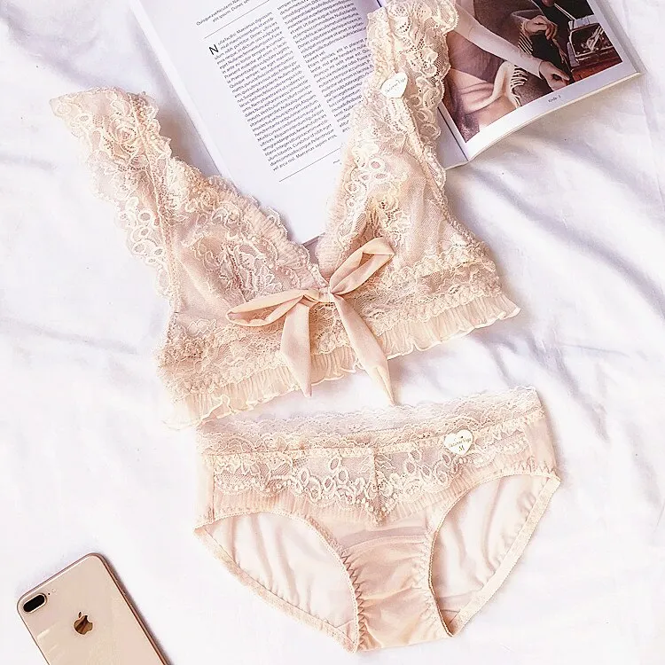Mesh Lace Ultra-Thin Underwear Female Soft Triangle Cup Bra Set Comfortable Sexy Deep V Bralette Suit Bow-tie Lingerie Sets