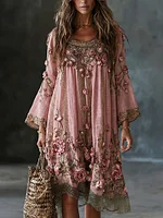 Women's Floral Roses Art Print Flowy Linen Blend Casual Long Sleeve Midi Dress