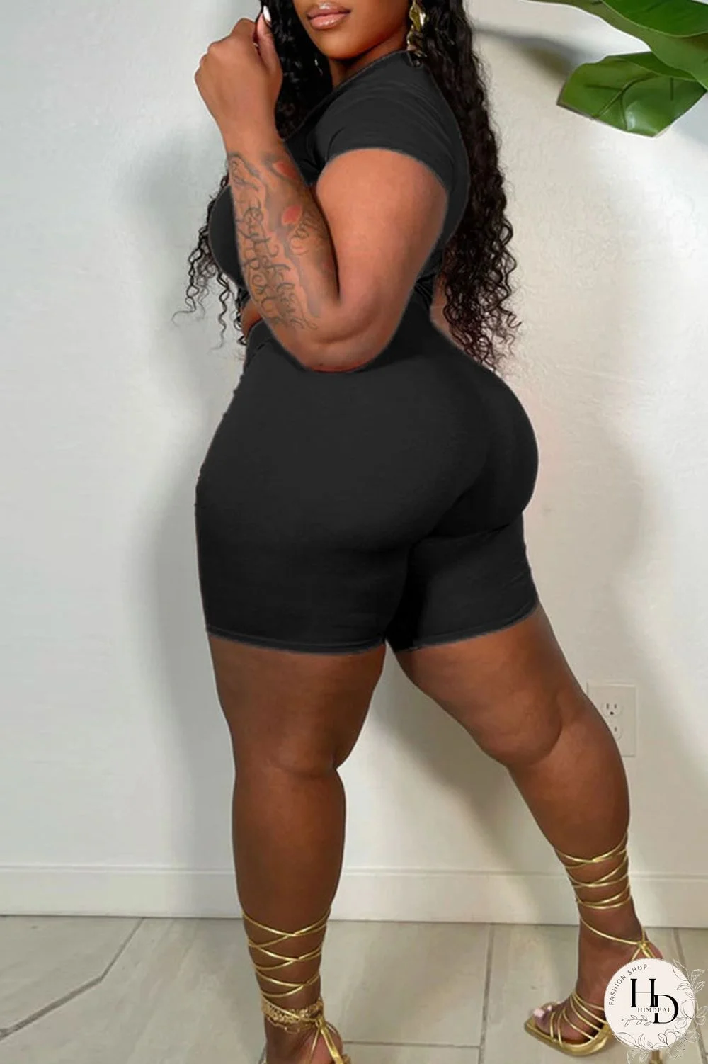 Black Sexy Solid Hollowed Out Split Joint O Neck Short Sleeve Two Pieces