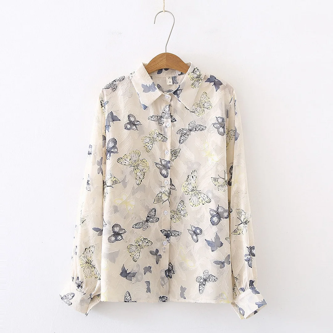 Summer New Women Butterfly Floral Embroidery Lantern Sleeve Chiffon Blouse Button Up Transparent Shirt Casual Sunscreen Tops T15