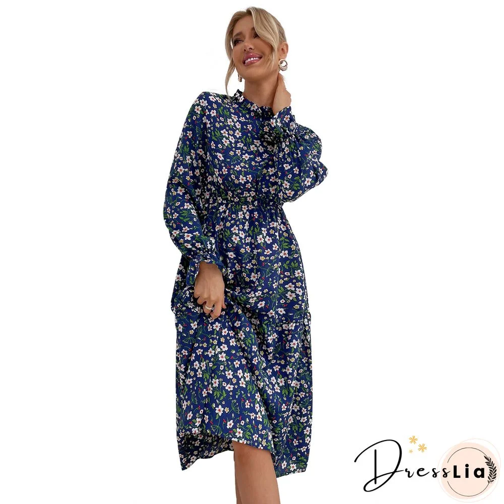 Elegant Fashion Slim Floral Print Dress Women Spring Dress New Casual High Waist Sexy Full Flared Sleeve Midi A-line Dress