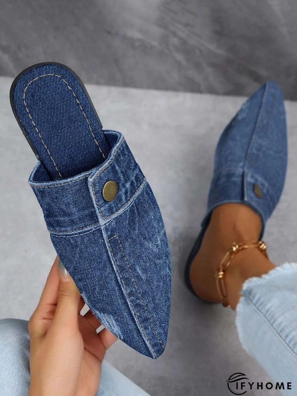 Plus Size Denim Button Decor Point Toe Flat Mules | IFYHOME