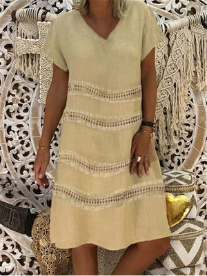 Cotton Linen Dress Casual Plus Size V-neck Short Sleeve Print Dress