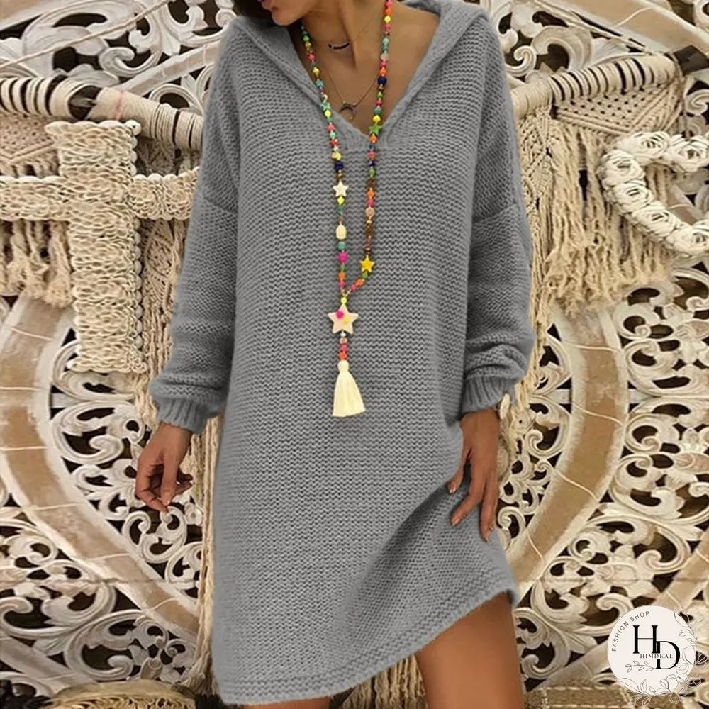 5 Color Autumn New Women Fashion Casual Style Long Sleeve Knitted Sweater Solid Color Knitted Dress Long Hooded Pullovers Sweater Plus Size