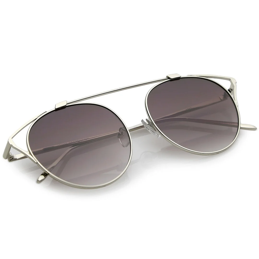 Oversize Open Metal Cat Eye Glasses With Crossbar Round Tinted Flat Lens 55mm