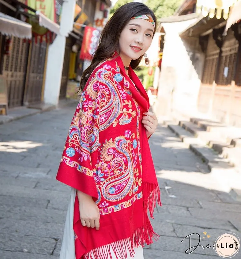 Tibetan and Nepal embroidered flower imitation cashmere scarf for women outside with sunscreen air-conditioning shawl