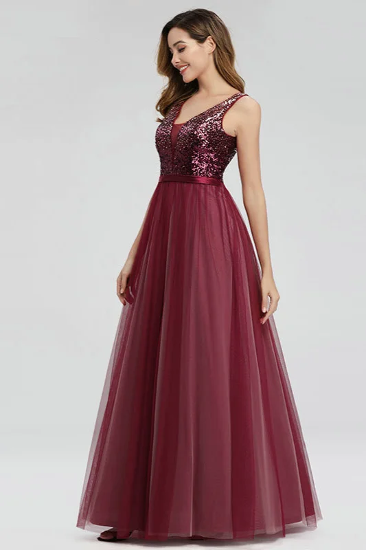 Gorgeous V-Neck Sequins Prom Dress Ombere Tulle Evening Gowns Online - lulusllly