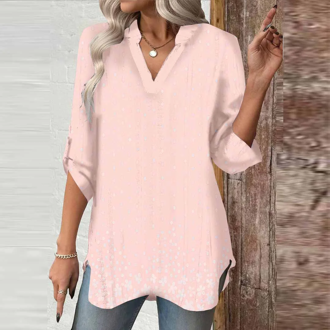 Women Pink, Floral, Polka Dots DZGA0514 3/4 Sleeve V-neck Printed Graphic Button Tops
