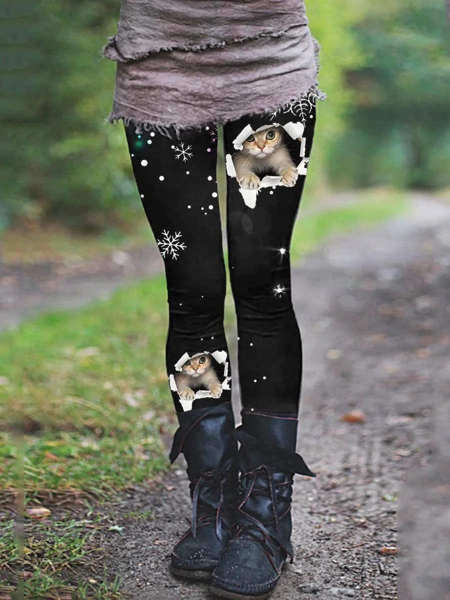 Women's Christmas Cat Print Casual Thermal Leggings