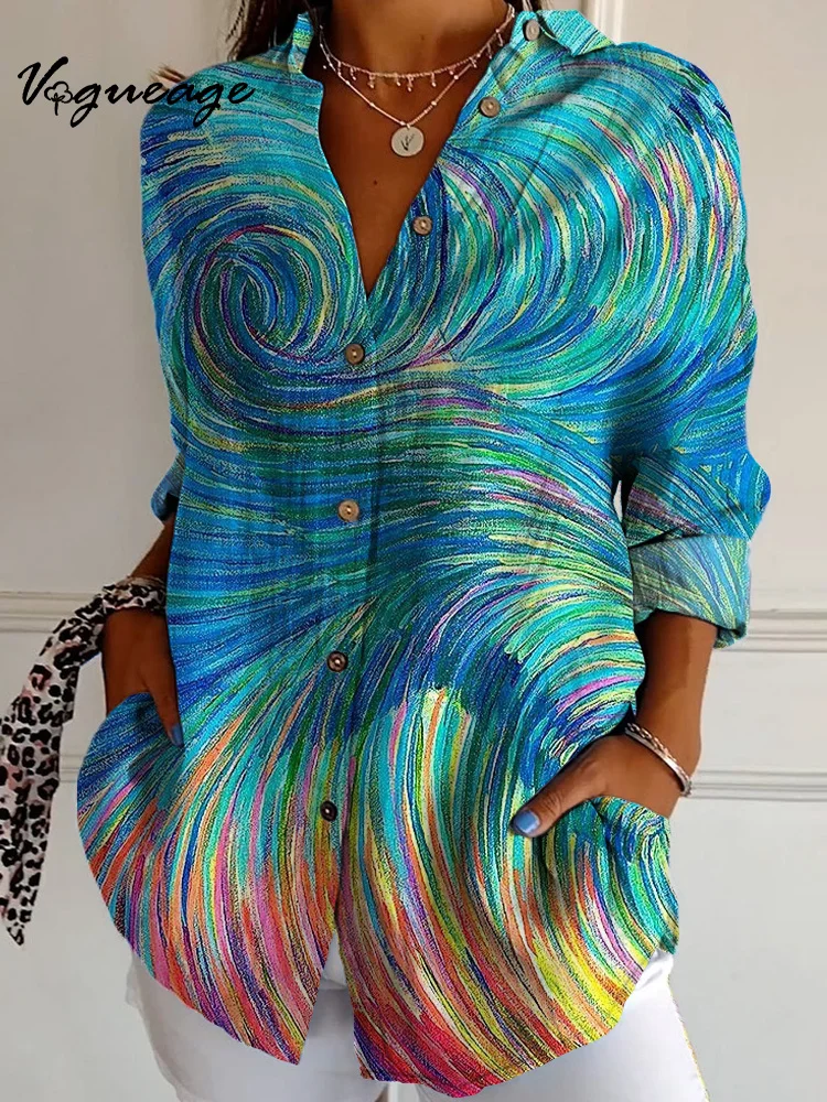 Fashion Fantasy Colorful Vortex Long Sleeves Printed Cotton And Linen Shirt