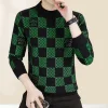 Men&lsquo;s Plaid Printed Half High Neck Thickened Pullover Sweater
