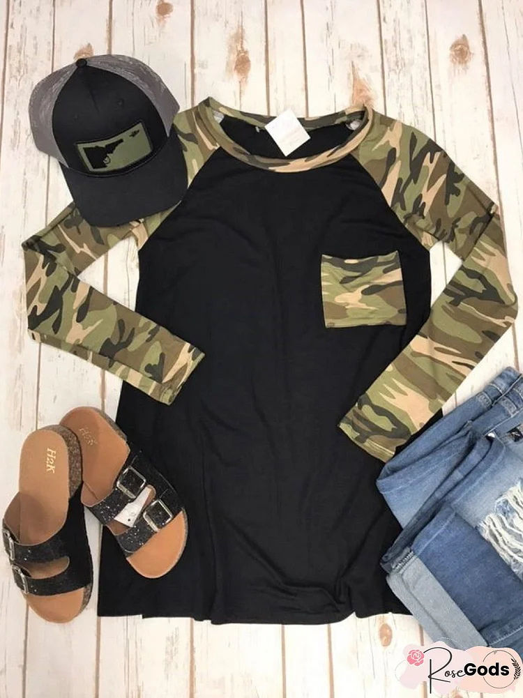 Black Crew Neck Camo Long Sleeve Shift T-Shirt