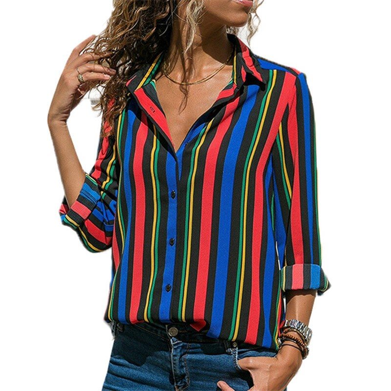 Aachoae Blouses Women 2021 Long Sleeve Striped Shirt Turn Down Collar Lady Office Shirt Autumn Blouse Top Blusas Mujer Plus Size