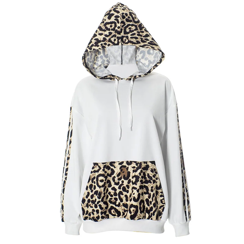 Uveng Uveng Has F24TP161 Women's Autumn And Winter New Leopard Splicing Drawstring Pocket Loose Casual Hooded Jacket