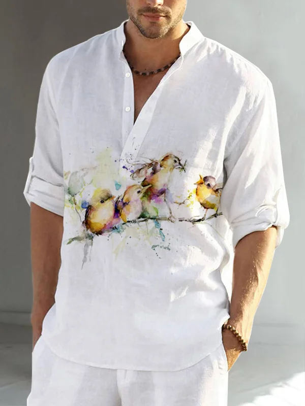 Floral birds cotton linen men's long sleeve casual shirt