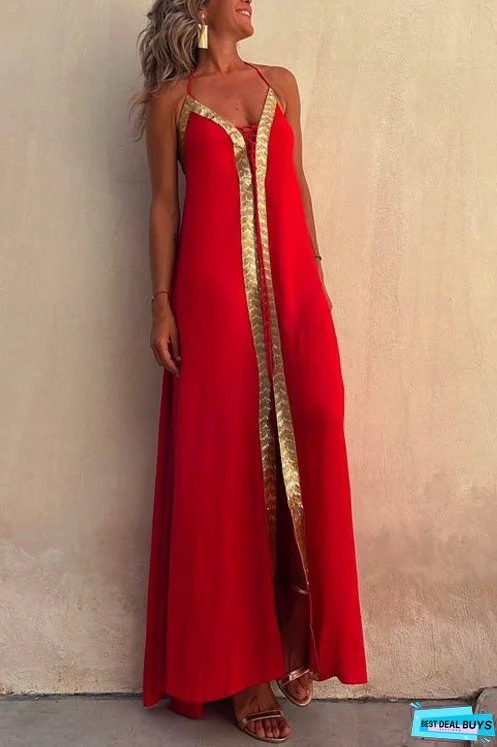 Meridress V Neck Backless Sequin Detailed Cami Maxi Dress