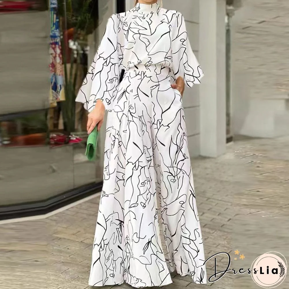 Women Wide-Leg Pants Pocket Jumpsuit Fall Elegant High Street Abstract Print Ladies Romper Fashion Loose Half High Neck Playsuit