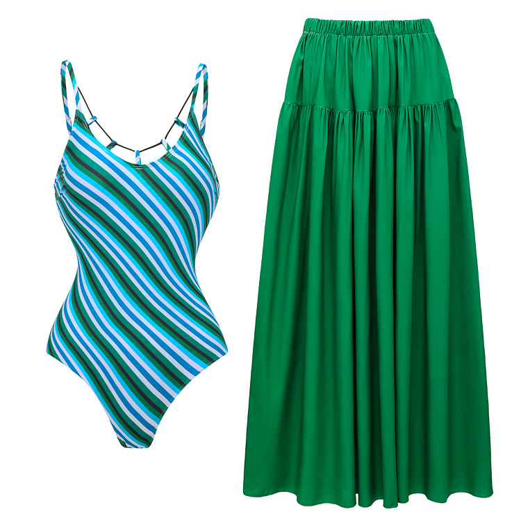 Stripe Solid Color Contrast Print Swimsuit and Skirt